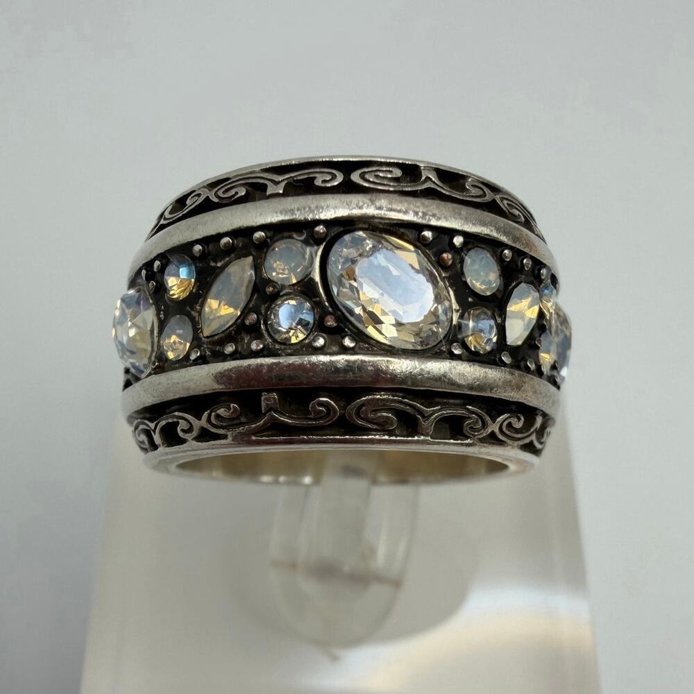 Vintage Brighton Swarovski Crystal Scroll Wide Cigar Band Ring Silver Tone Sz 8